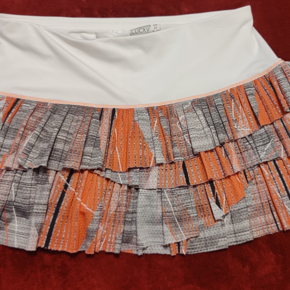 Lucky In Love White Orange Charcoal Scallop Pleated Tennis Skirt Sz Med